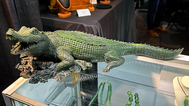 GIA · Gems & Gemology · Figure 1. An alligator measuring roughly 29 × 11 × 9 inches fashioned from fine nephrite from the Polar mine in British Columbia. This exceptional hand-carved work was purchased at GJX on opening day. Photo by Jennifer Stone-Sundberg; courtesy of Jade West Corp.