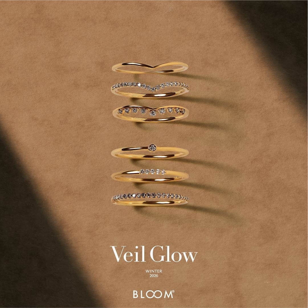 BLOOM · 2026 WINTER · Yellow-gold rings: V lines and diamond rhythms · collection still life
