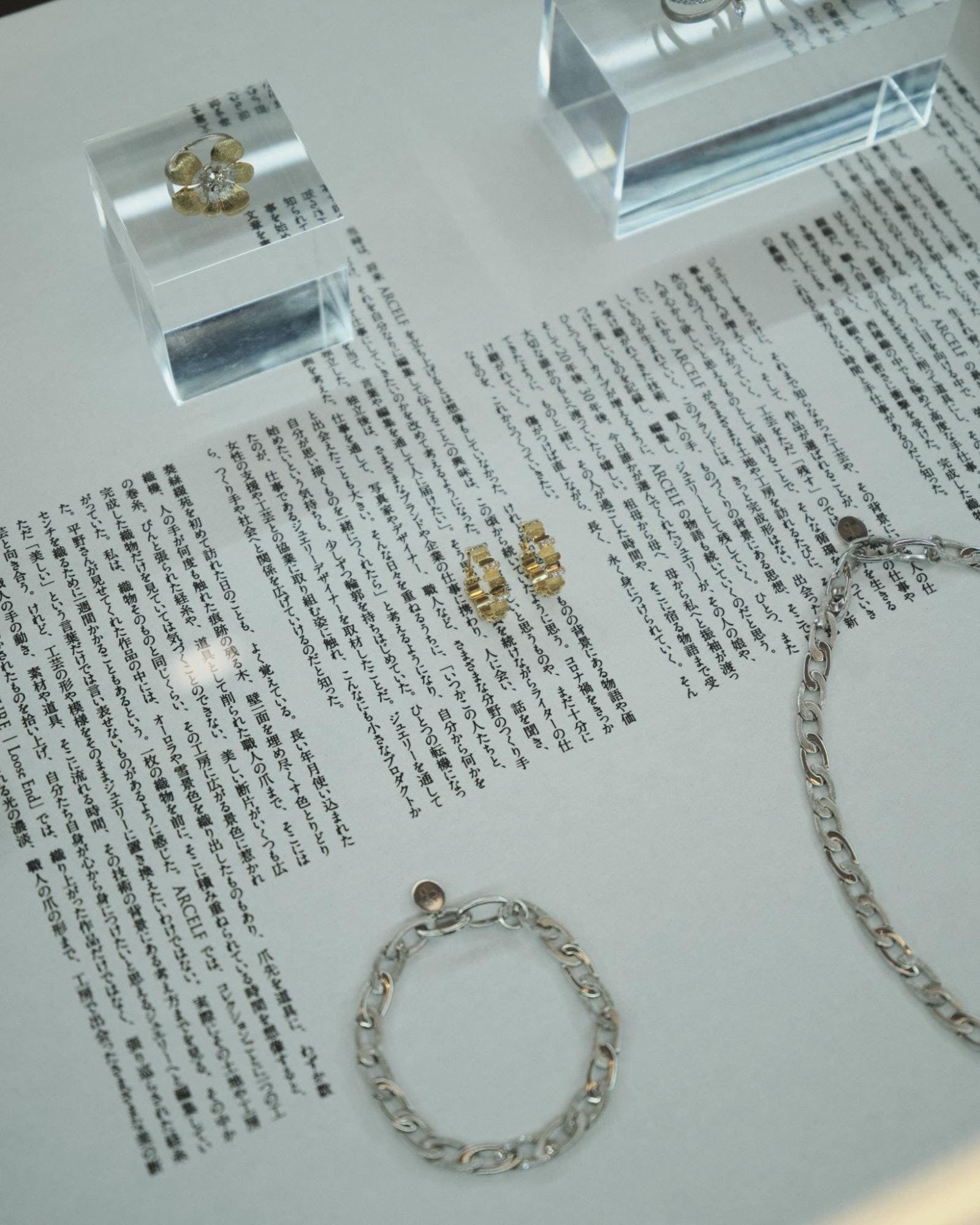 Jewelry outlines and arrangement inside a Paris display case.