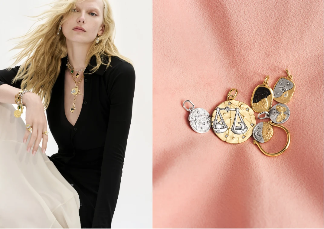 Pandora Talisman官方组合图：模特佩戴与星座钱币形串饰、Sun & Moon戒指。图片：PANDORA Jewelry Japan株式会社 / PR TIMES