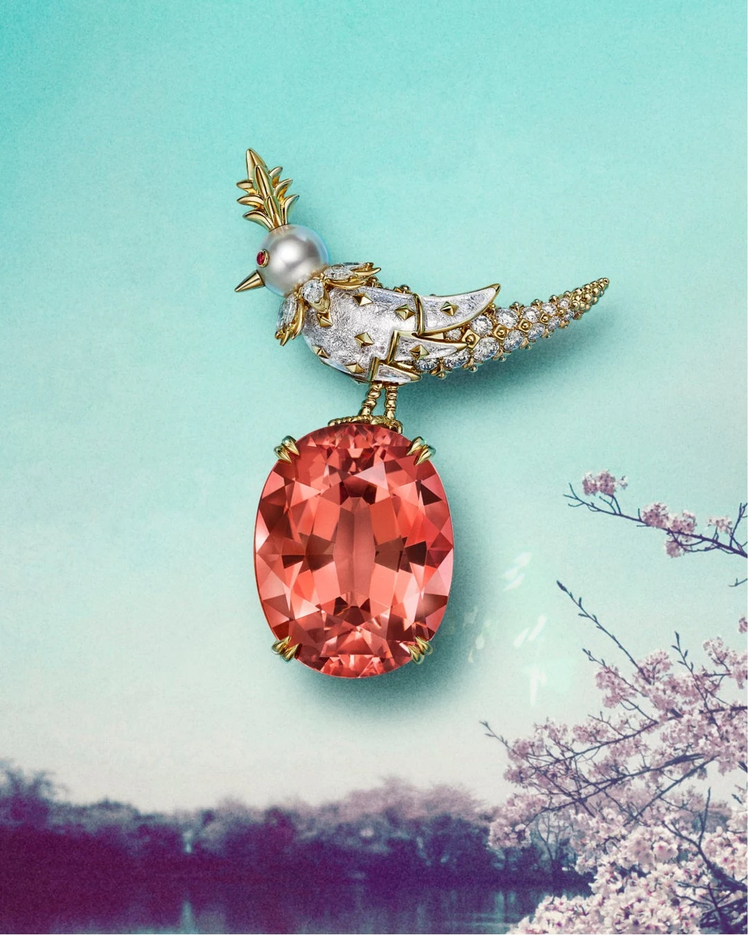 蒂芙尼以春日樱花为灵感的石上鸟高级珠宝胸针 图片：Tiffany & Co. / PR TIMES