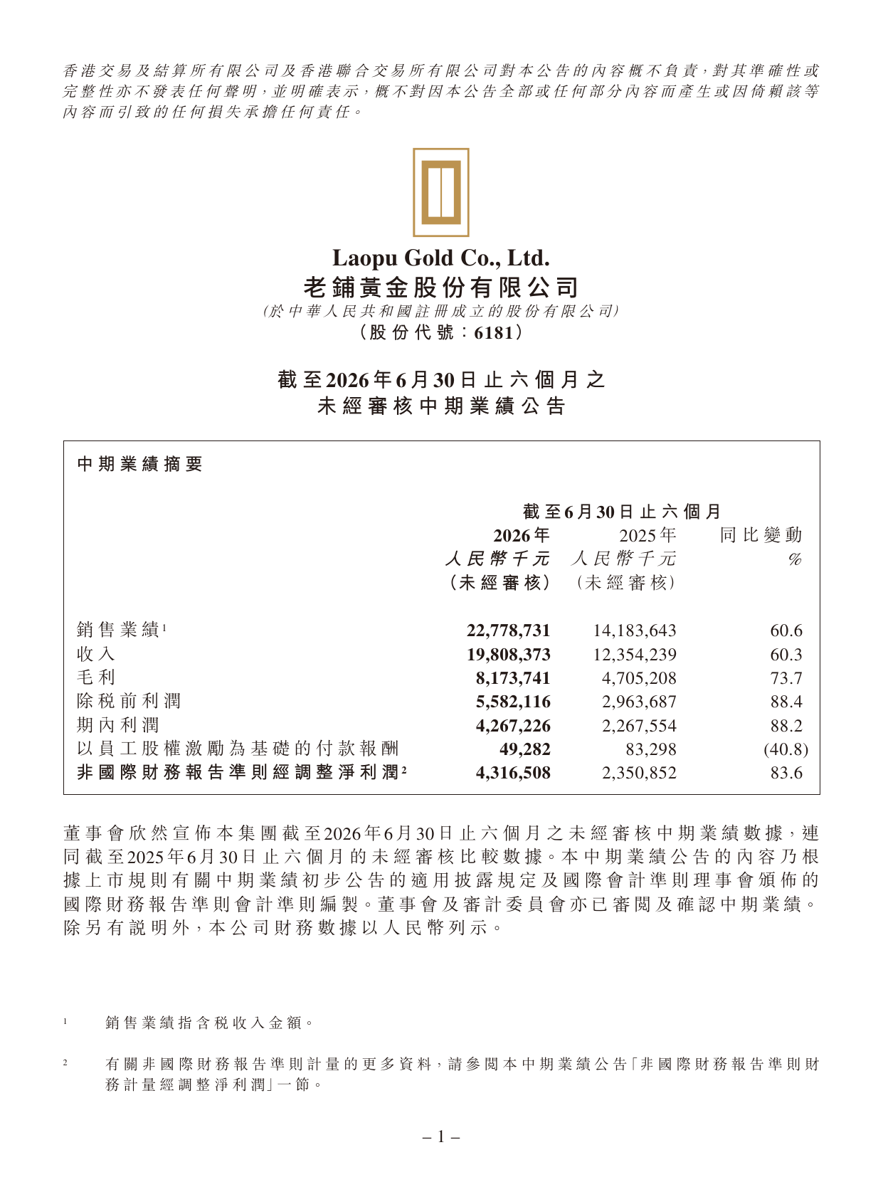 老铺黄金截至2026年6月30日止六个月未经审核中期业绩公告第一页,包含中期业绩摘要